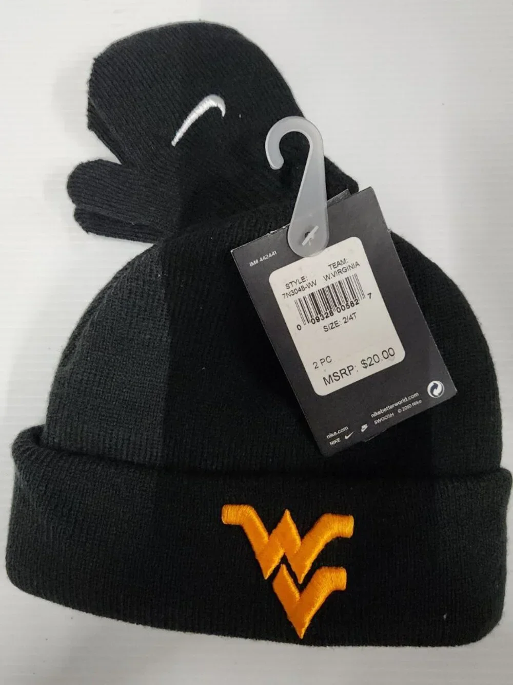 Nike 7N3048-Ww W. Virginia Toddler Beanie Mittens 2/4T Acrylic Black Gold